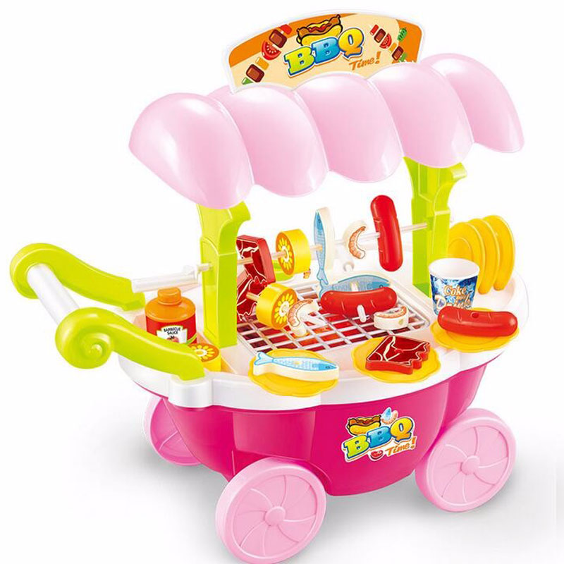 Kids Pretend Play Kitchen Toys Simulation Barbecue Grill Handcart